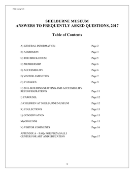 SHELBURNE MUSEUM ANSWERS to FREQUENTLY ASKED QUESTIONS, 2017 Table of Contents