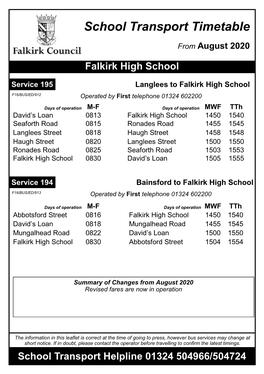 Falkirk High School School Transport Helpline 01324 504966/504724