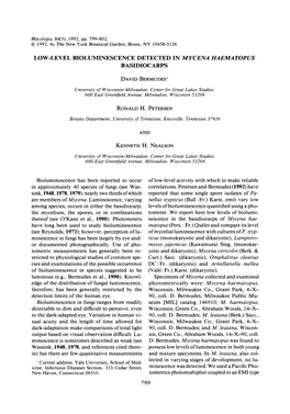 Low-Level Bioluminescence Detected in Mycena Haematopus Basidiocarps