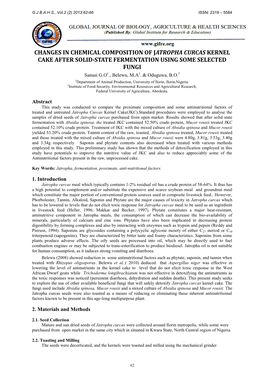 CHANGES in CHEMICAL COMPOSITION of JATROPHA CURCAS KERNEL CAKE AFTER SOLID-STATE FERMENTATION USING SOME SELECTED FUNGI Sanusi G.O1., Belewu, M.A1