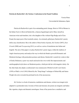 Patrizia De Rachewiltz's My Taishan: Confessions in the Pound Tradition Viorica Patea Universidad De Salamanca, Spain Patrizia