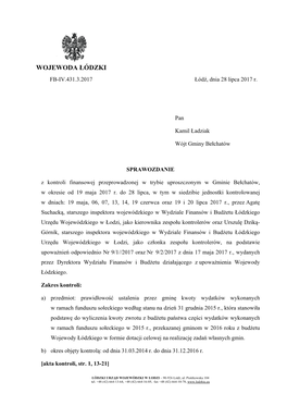 SPRAWOZDANIE Z Kontroli Finansowej Przeprowadzonej W Trybie Uproszczonym W Gminie Bełchatów, W Okresie Od 19 Maja 2017 R