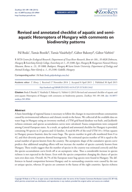 Revised and Annotated Checklist of Aquatic and Semi-Aquatic Heteroptera of Hungary with Comments on Biodiversity Patterns