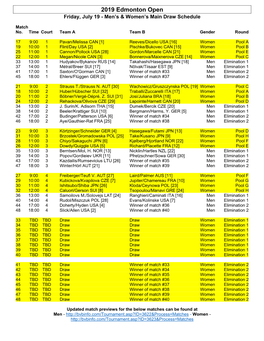 2019 Edmonton Open Friday, July 19 - Men’S & Women’S Main Draw Schedule