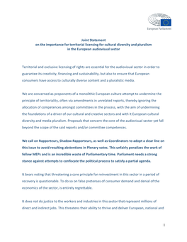 1 Joint Statement on the Importance for Territorial Licensing for Cultural Diversity and Pluralism in the European Audiovisual