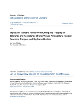 Impacts of Montana Public Wolf Hunting and Trapping on Tolerance and Acceptance of Gray Wolves Among Rural Resident Ranchers, Trappers, and Big Game Hunters