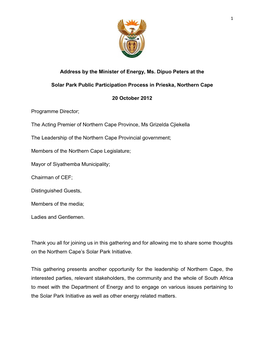 Address by the Minister of Energy, Ms. Dipuo Peters at the Solar Park