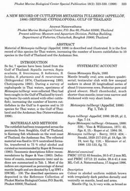 A New Record of Cuttlefish Metasepia Tullbergi (Appellof, 1886) (Sepiidae: Cephalopoda), Gulf of Thailand Abstract Introduction