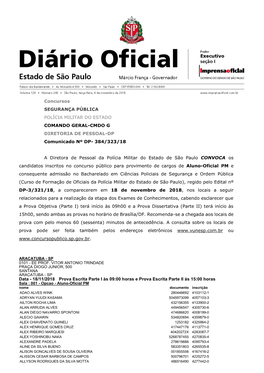 Concursos SEGURANÇA PÚBLICA POLÍCIA MILITAR DO ESTADO COMANDO GERAL-CMDO G DIRETORIA DE PESSOAL-DP Comunicado Nº DP- 384/323/18