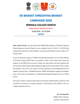 Ek Bharat Shreshtha Bharat Campaign 2020 Nirmala College Ranchi Make Email Friends Activity 23.06.2020 – 22.10.2020 Report