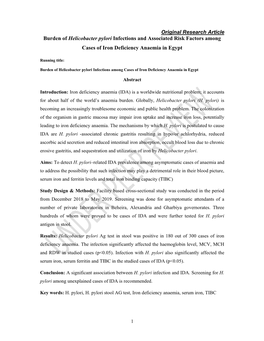 Burden of Helicobacter Pylori Infections and Associated Risk Factors Among Cases of Iron Deficiency Anaemia in Egypt