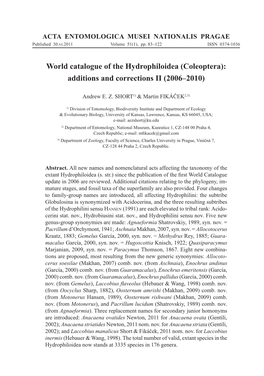 World Catalogue of the Hydrophiloidea (Coleoptera): Additions and Corrections II (2006–2010)