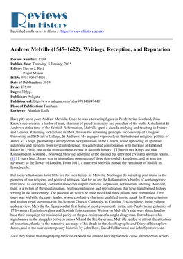 Andrew Melville (1545–1622): Writings, Reception, and Reputation