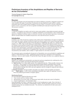 Preliminary Inventory of the Amphibians and Reptiles of Serranía De Los Churumbelos