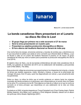 La Banda Canadiense Stars Presentará En El Lunario Su Disco No One Is Lost