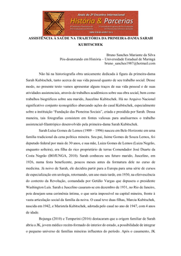Assistência À Saúde Na Trajetória Da Primeira-Dama Sarah Kubitschek
