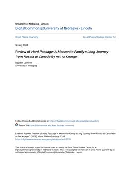 Review of Hard Passage: a Mennonite Family's Long Journey from Russia to Canada by Arthur Kroeger