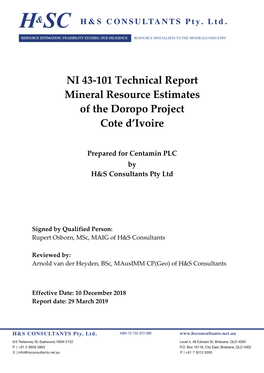 NI 43-101 Technical Report Mineral Resource Estimates of the Doropo Project Cote D'ivoire