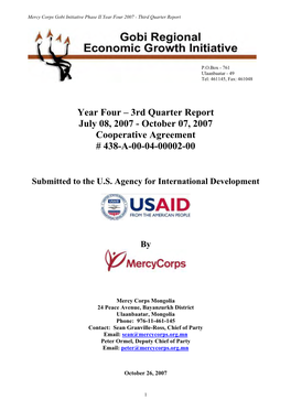 Year Four – 3Rd Quarter Report July 08, 2007 - October 07, 2007 Cooperative Agreement # 438-A-00-04-00002-00