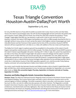 Texas Triangle Convention Houston-‐Austin-‐Dallas/Fort Worth