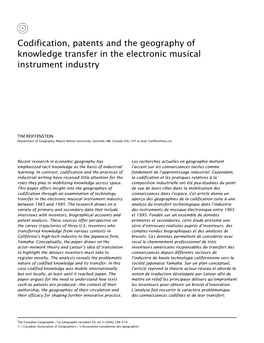 Codification, Patents and the Geography of Knowledge Transfer in the Electronic Musical Instrument Industry