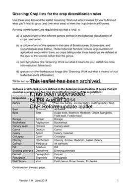 Greening: Crop Lists for the Crop Diversification Rules