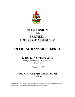 2013 Session Bermuda House of Assembly Official