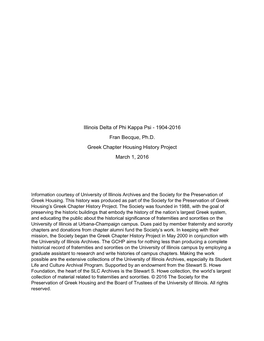 Illinois Delta of Phi Kappa Psi - 1904-2016 Fran Becque, Ph.D