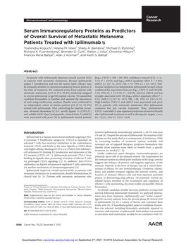Serum Immunoregulatory Proteins As Predictors of Overall Survival of Metastatic Melanoma Patients Treated with Ipilimumab Yoshinobu Koguchi1, Helena M