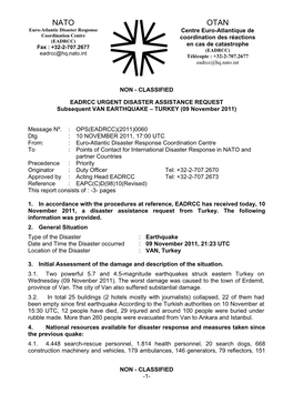 EADRCC URGENT DISASTER ASSISTANCE REQUEST Subsequent VAN EARTHQUAKE – TURKEY (09 November 2011)