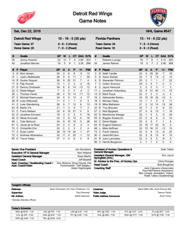 Detroit Red Wings Game Notes