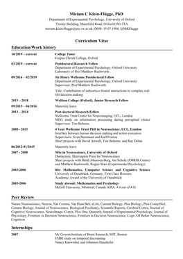 Miriam C Klein-Flügge, Phd Curriculum Vitae Education/Work