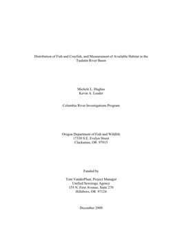 Distribution of Fish and Crayfish, and Measurement of Available Habitat in the Tualatin River Basin