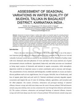 Assessment of Seasonal Variations in Water Quality of Mudhol Taluka in Bagalkot District, Karnataka India