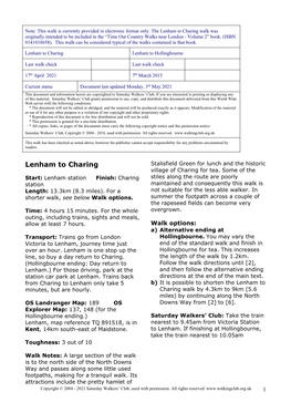 Lenham to Charing Walk Was Originally Intended to Be Included in the “Time out Country Walks Near London - Volume 2” Book