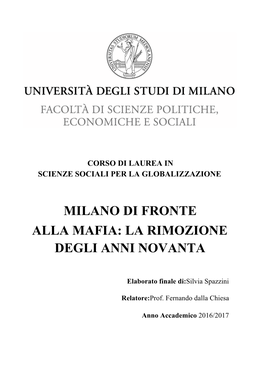 Milano Di Fronte Alla Mafia