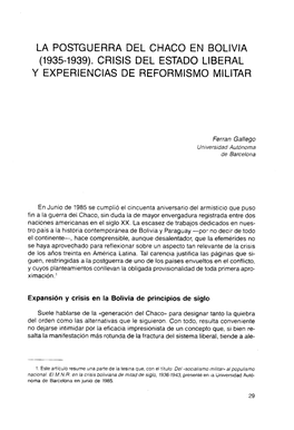 La Postguerra Del Chaco En Bolivia (1935-1939). Crisis Del Estado Liberal Y Experiencias De Reformismo Militar