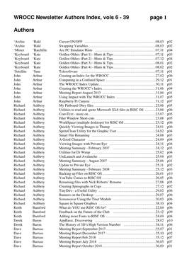 Page 1 WROCC Newsletter Authors Index, Vols 6