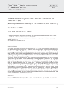 Die Reise Des Entomologen Hermann Loew Nach Kleinasien in Den Jahren 1841–1842 [Entomologist Hermann Loew’S Trip to Asia Minor in the Years 1841–1842]