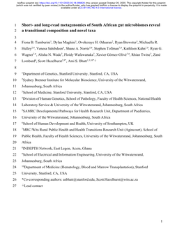 And Long-Read Metagenomics of South African Gut Microbiomes Reveal 2 a Transitional Composition and Novel Taxa 3 4 Fiona B