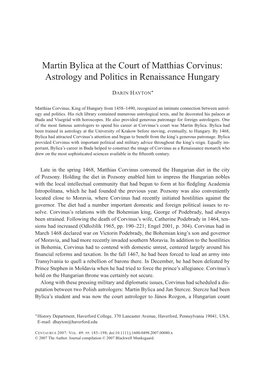 Martin Bylica at the Court of Matthias Corvinus: Astrology and Politics in Renaissance Hungary