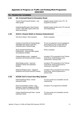 Progress on Traffic and Parking Work Programme 2002/2003 Tfl PROMOTED SCHEMES 1.01 A4: Cromwell Road to Brompton Road