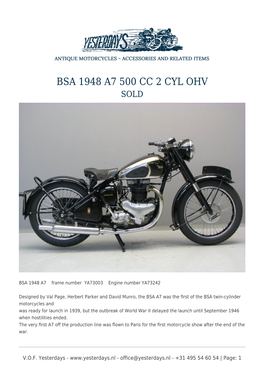 Bsa 1948 A7 500 Cc 2 Cyl Ohv Sold