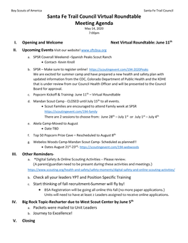 Santa Fe Trail Council Virtual Roundtable Meeting Agenda May 14, 2020 7:00Pm