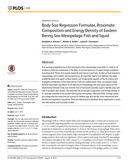 Body Size Regression Formulae, Proximate Composition and Energy Density of Eastern Bering Sea Mesopelagic Fish and Squid