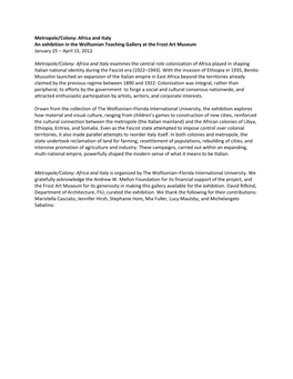 Metropole/Colony: Africa and Italy an Exhibition in the Wolfsonian Teaching Gallery at the Frost Art Museum January 25 – April 15, 2012