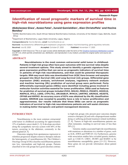 Identification of Novel Prognostic Markers of Survival Time in High-Risk Neuroblastoma Using Gene Expression Profiles