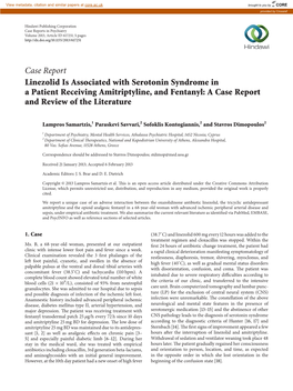 Case Report Linezolid Is Associated with Serotonin Syndrome in a Patient Receiving Amitriptyline, and Fentanyl: a Case Report and Review of the Literature