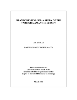 Islamic Revivalism: a Study of the Tablighi Jamaat in Sydney