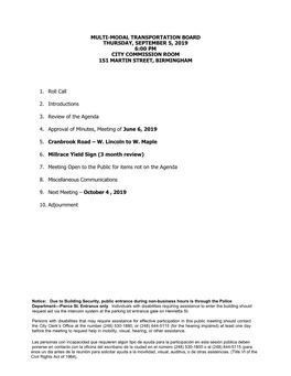 Multi-Modal Transportation Board Thursday, September 5, 2019 6:00 Pm City Commission Room 151 Martin Street, Birmingham